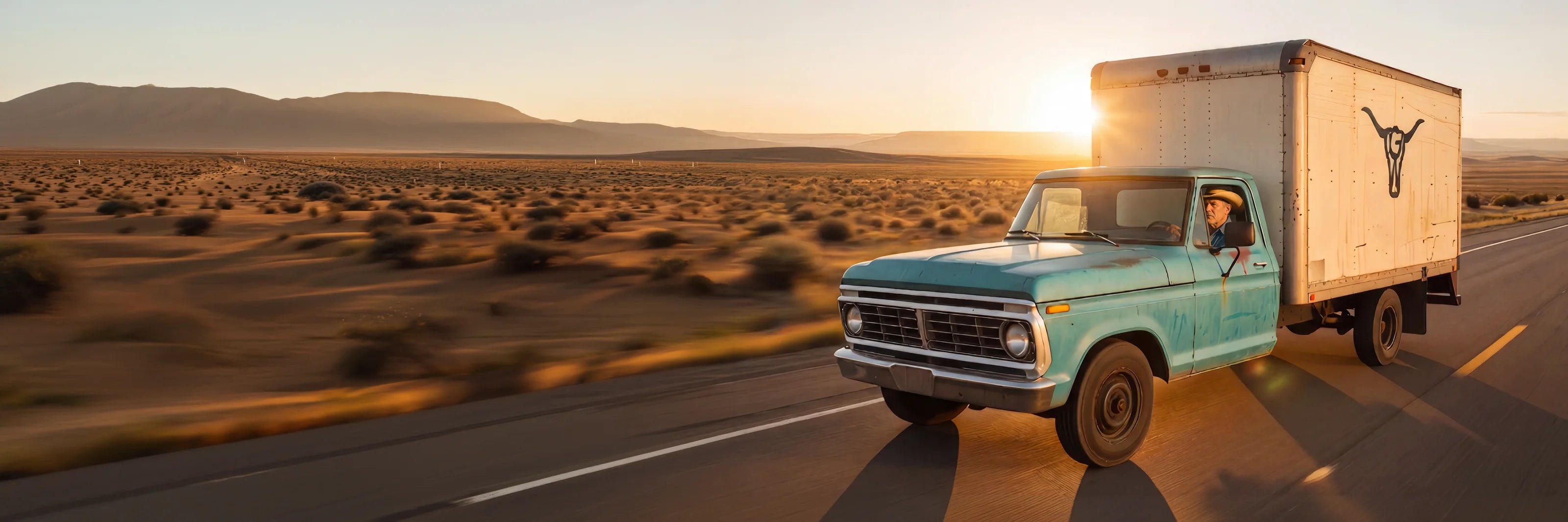 A turquoise vintage GloryWorn truck carrying a longhorn-logo trailer along an open highway at sunrise.