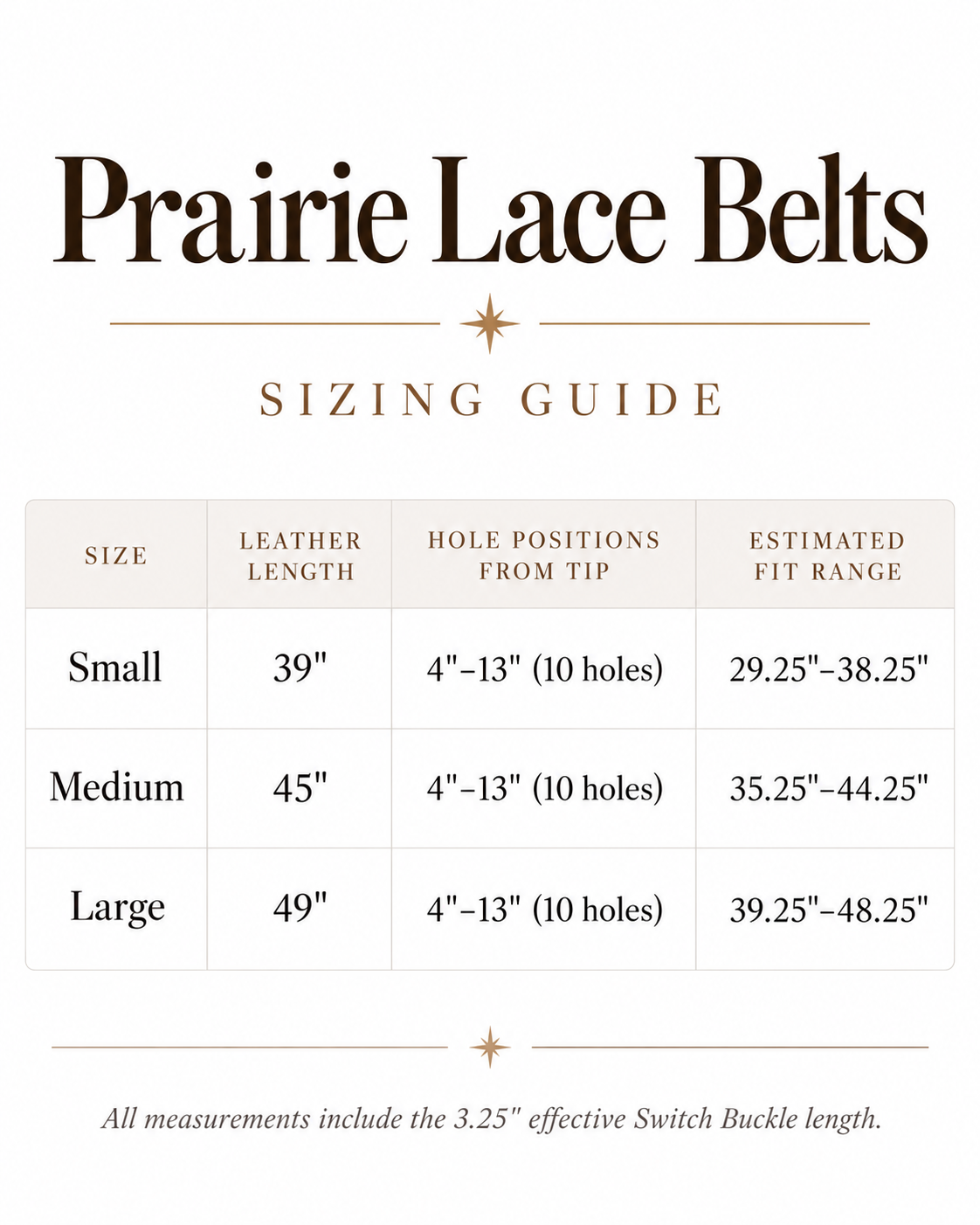 Belt size chart: leather length and estimated fit range for each size