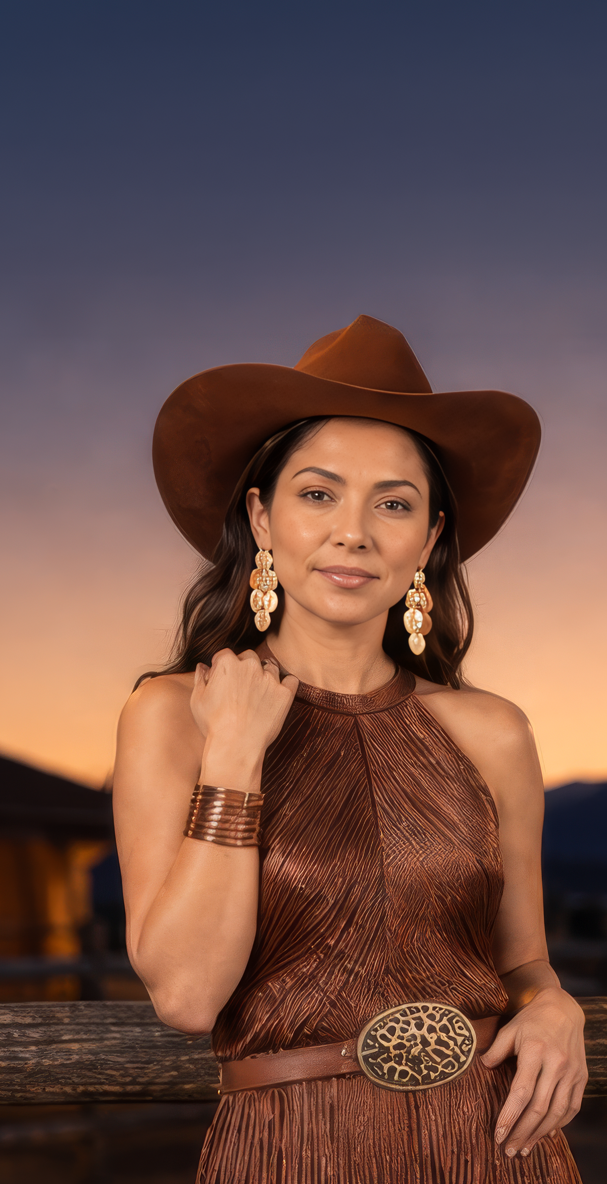 Western-style fashion featuring a woman in a brown fringe dress and cowboy hat at dusk, accessorized with the High Plains Copper Cuff.