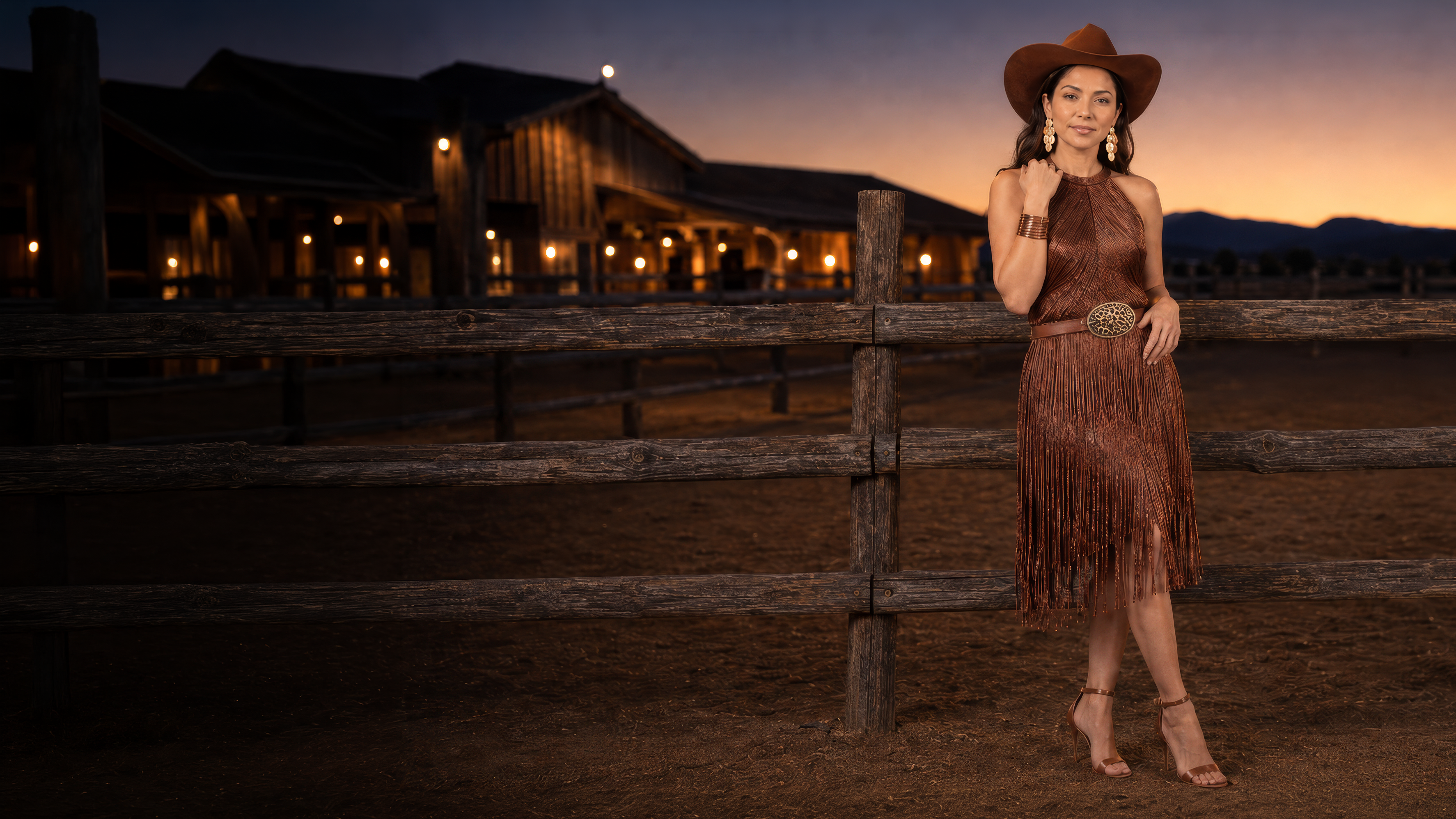 Western-style fashion featuring a woman in a brown fringe dress and cowboy hat at dusk, accessorized with the High Plains Copper Cuff.