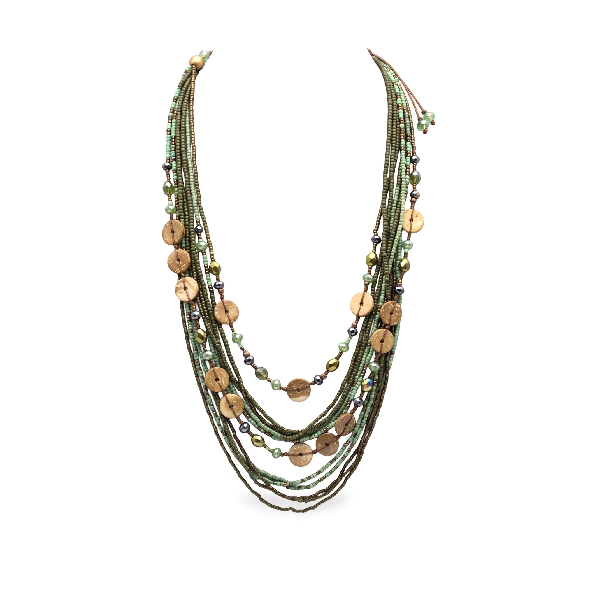 Prairie Glow Layered Necklace — Green and Brown arranged in a draped flat lay.​
