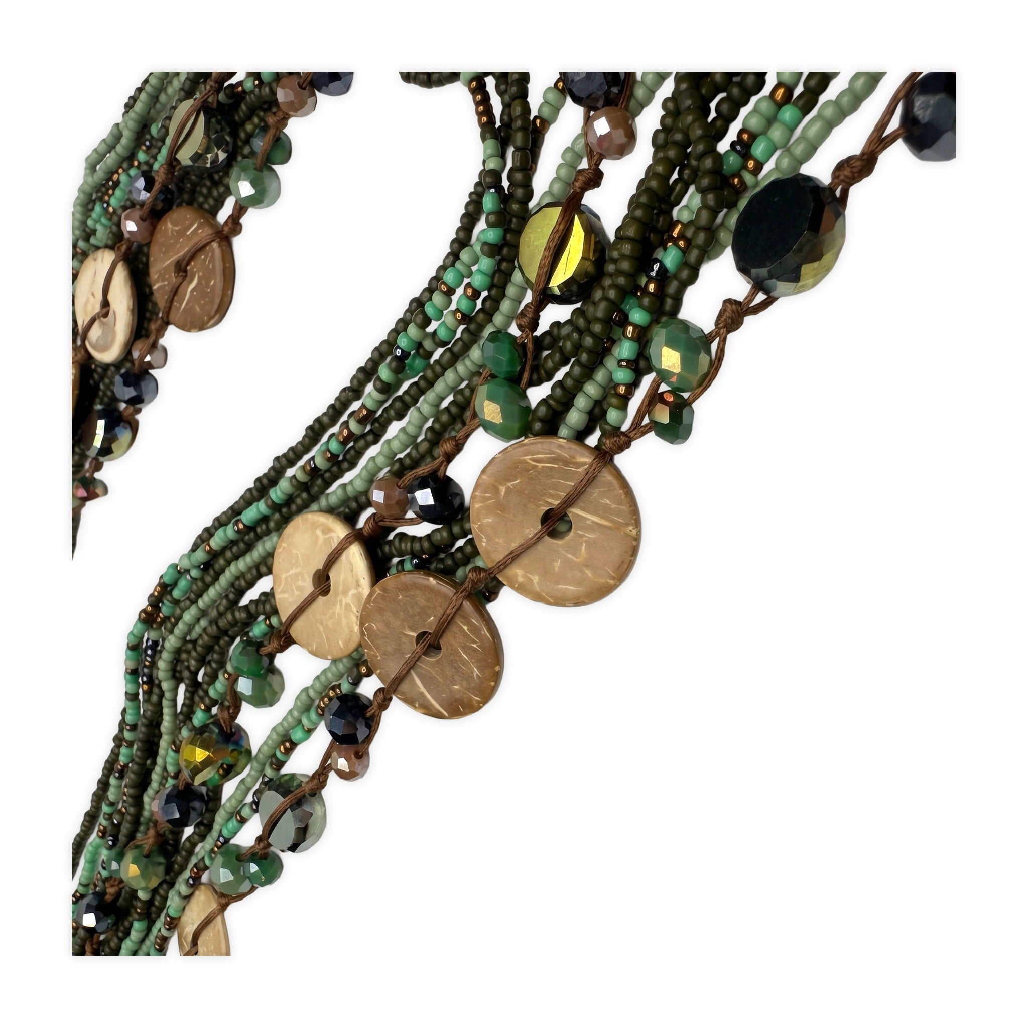 Close-up of the pendant on Prairie Glow Layered Necklace — Green and Brown.​