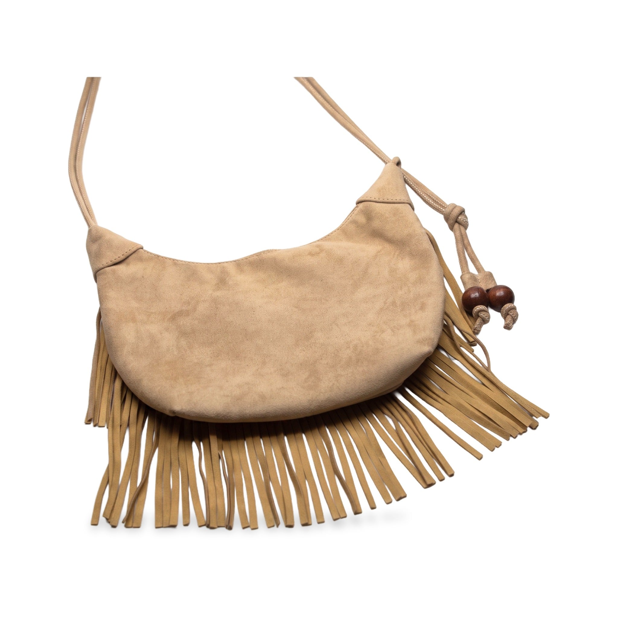 Back view of River Run Fringe Bag — Beige.​