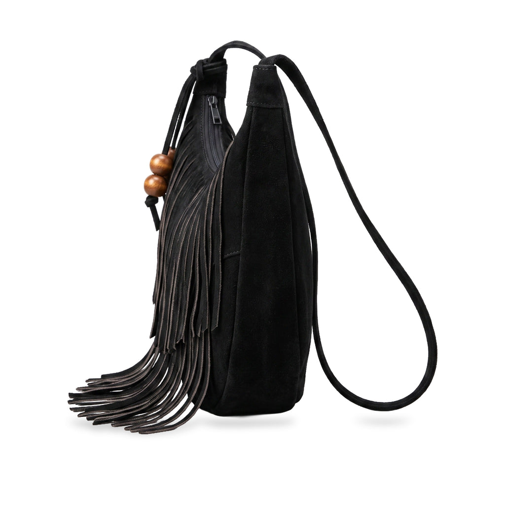 Side profile of River Run Fringe Bag — Black.​