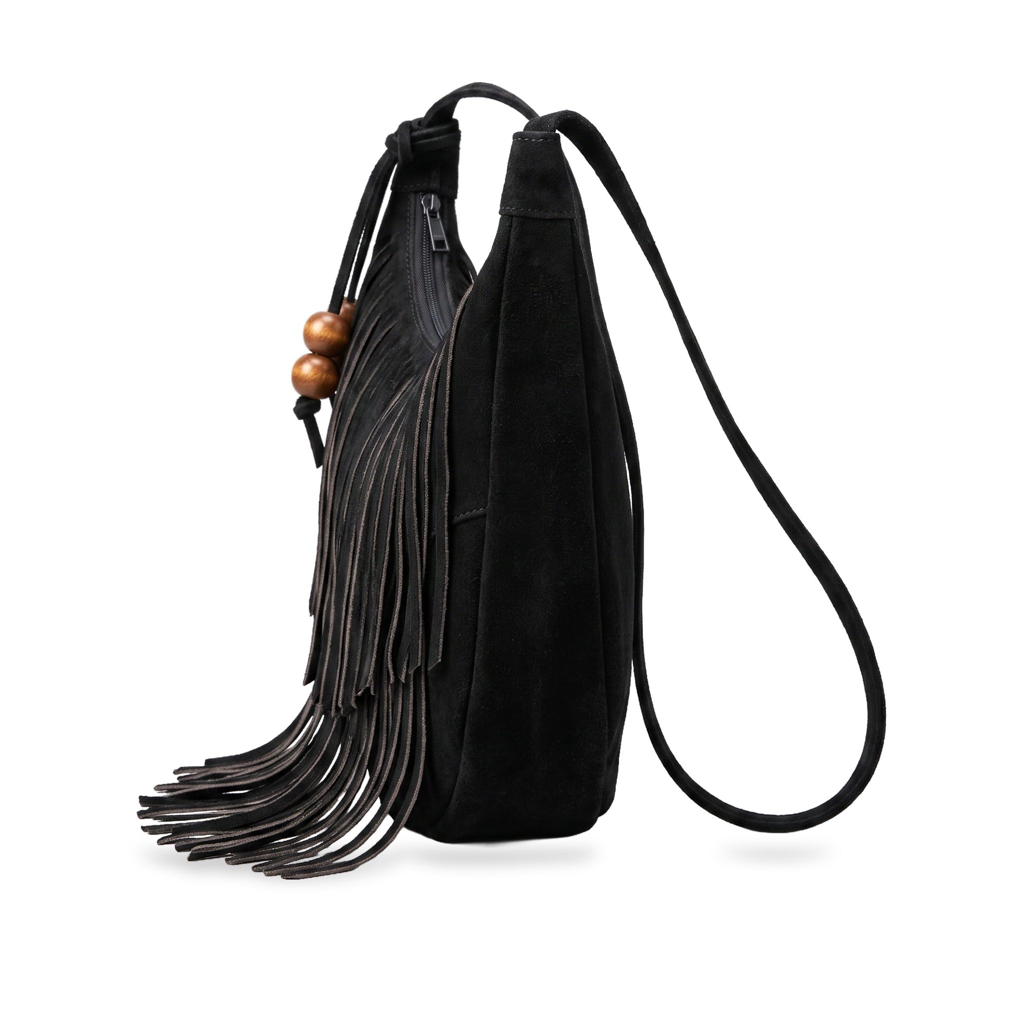 Side profile of River Run Fringe Bag — Black.​