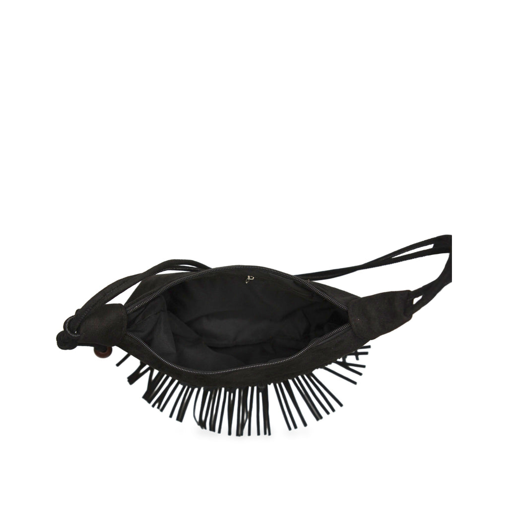 Open top view of River Run Fringe Bag — Black.​