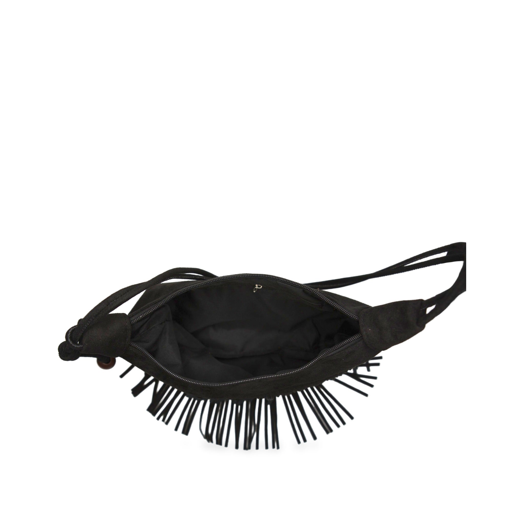 Open top view of River Run Fringe Bag — Black.​