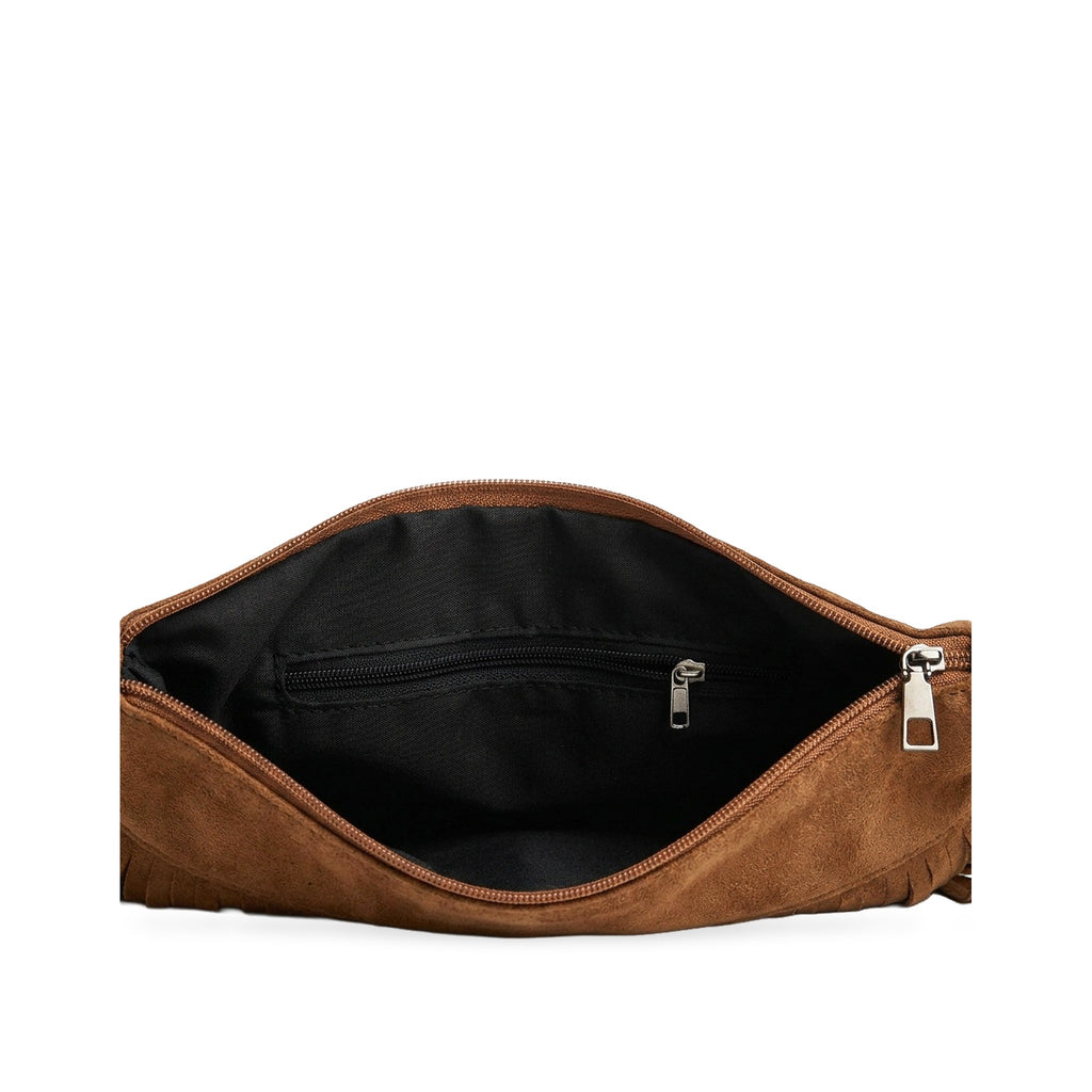 Open top view of River Run Fringe Bag — Brown.​