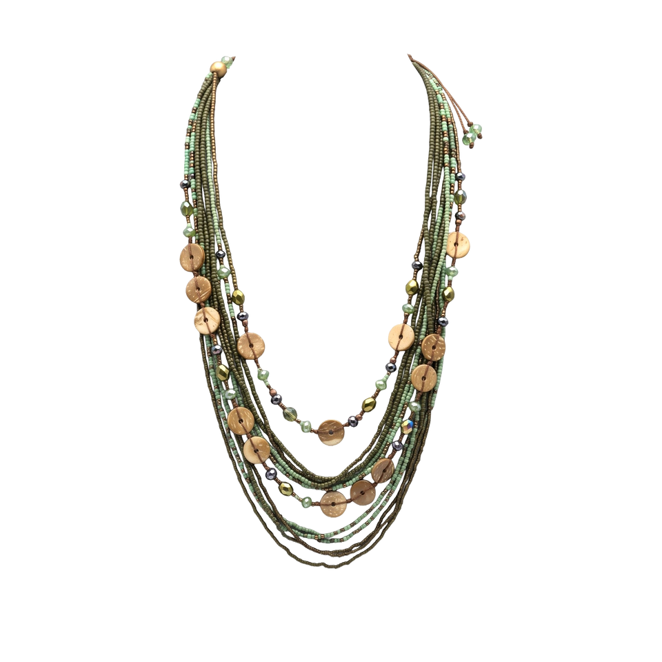 Prairie Glow Layered Necklace — Green and Brown arranged in a draped flat lay.​