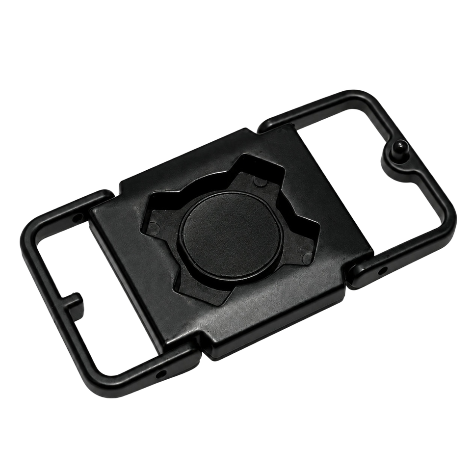 Black iBuckle Switch Base, receiving face and center bearing pad, angled view.