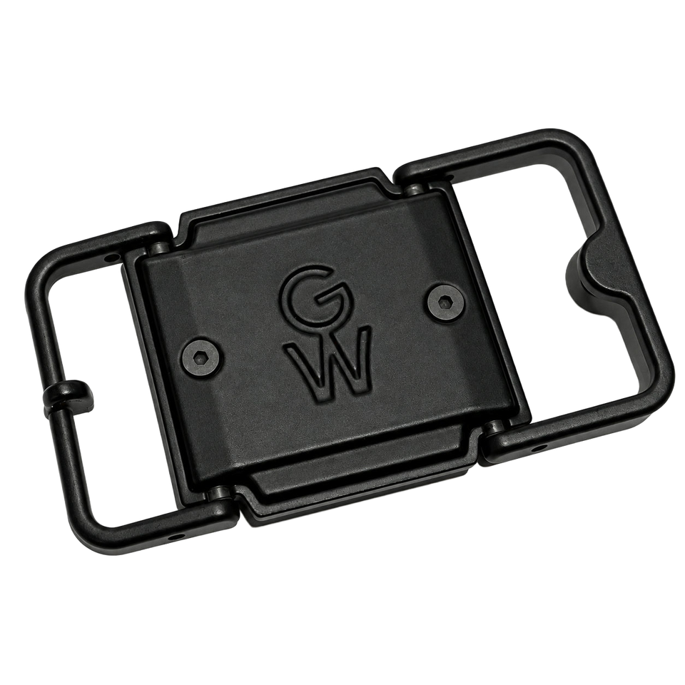 Back of the black iBuckle Switch Base with the GW mark and two fasteners.