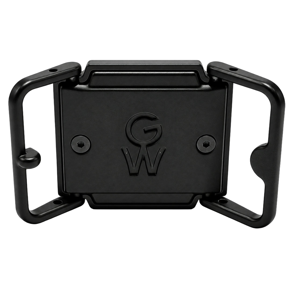 Black iBuckle Switch Base standing upright, showing its back and hinged side loops.